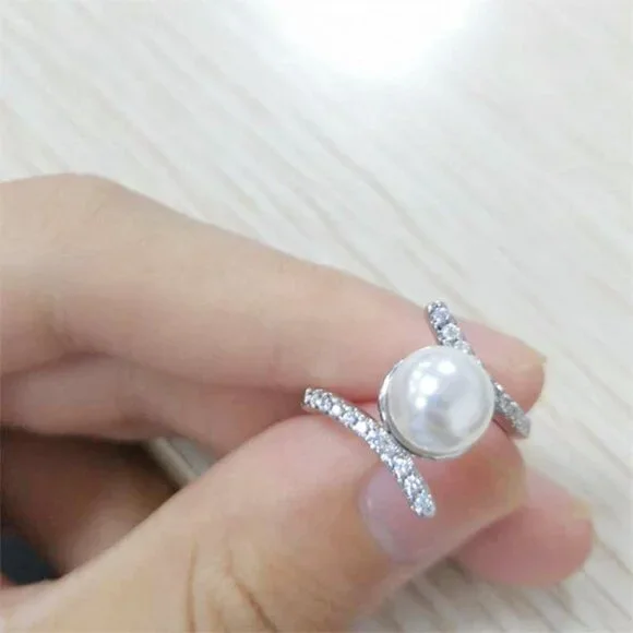 Sweet Beautiful Pearl CZ Twisted Anillos Elegant Silver Ring for Women, VIP562 - Picture 2 of 6